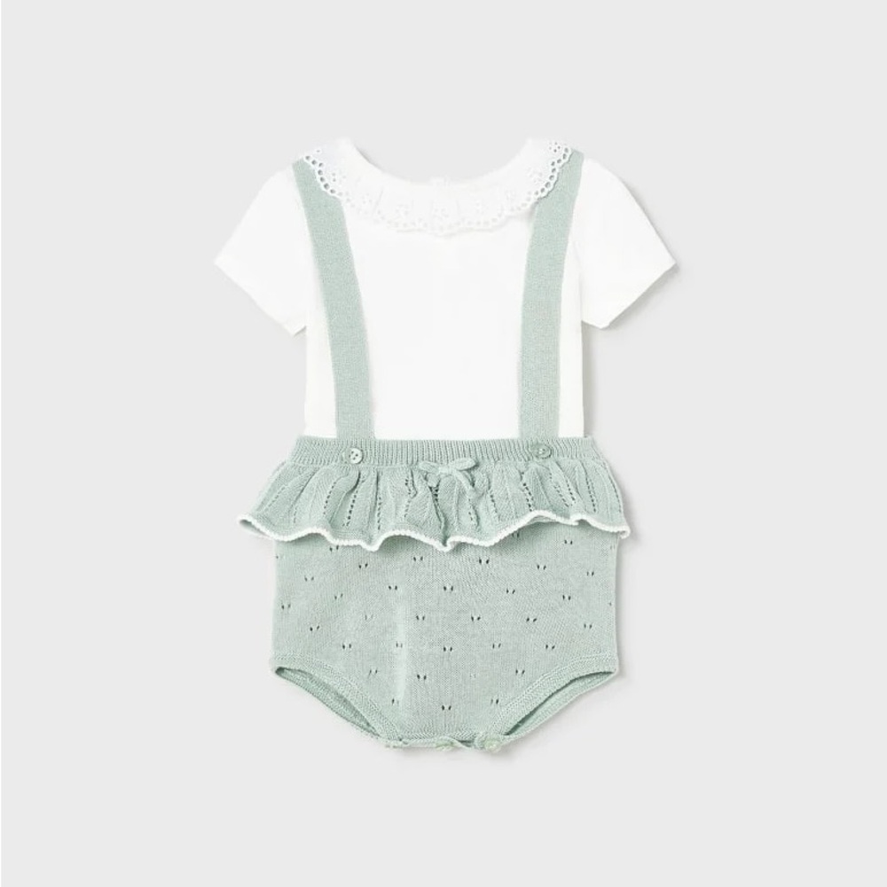 Size 18 months Mayoral White and Mint Knit Ruffle Suspender Romper Set